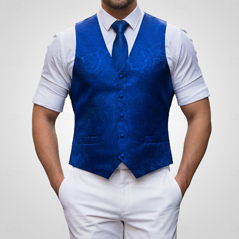 Men's Waistcoat Vest V Neck Party Paisley Burgundy Blue Green Tailored Fit4