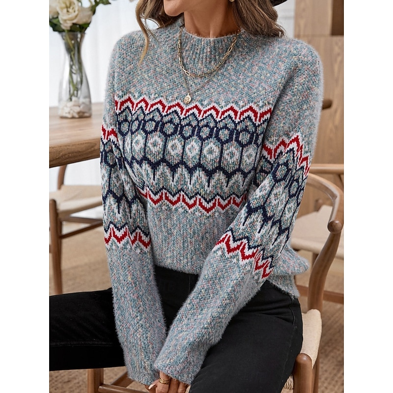 Women's Sweater Casual Soft Geometric Ribbed Crew Neck Knitted Long Sleeve Regular Tops Knit Outdoor Daily Weekend Gray Fall Winter