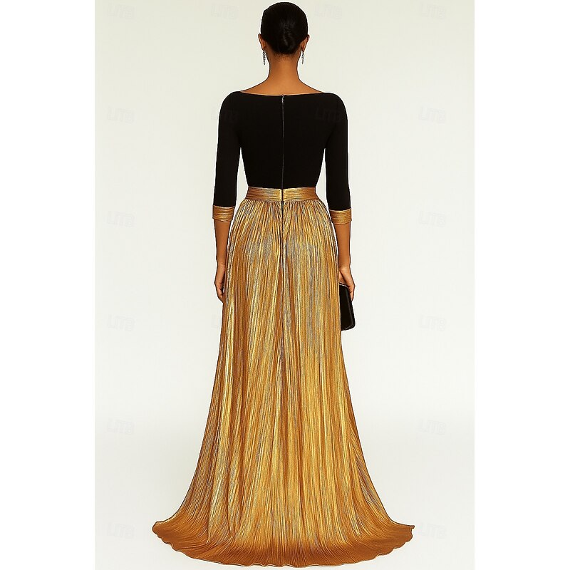 Black Gold A-Line Evening Gown Elegant Dress Formal Wedding Floor Length Long Sleeve Boat Neck Champagne Mother Of the Bride Dress Stretch Satin with Pleats 20252