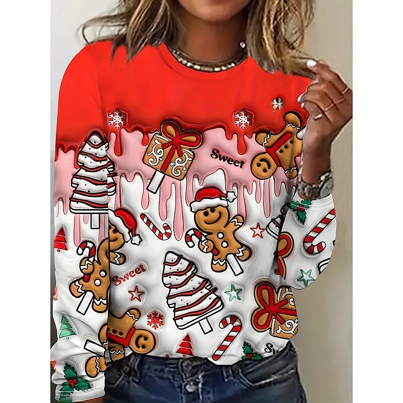 Christmas Women's T Shirt Graphic Christmas Vintage Fashion Stylish Long Sleeve Crew Neck Regular Tops Daily Weekend Print Red Fall Winter