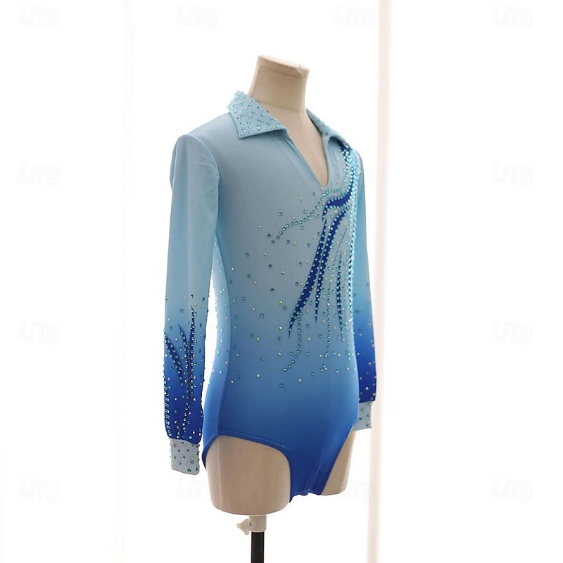 Figure Skating Top Men's Boys' Ice Skating Tops Sky Blue Patchwork Spandex High Elasticity Training Competition Skating Wear Classic Crystal / Rhinestone Long Sleeve Ice Skating Figure Skating3