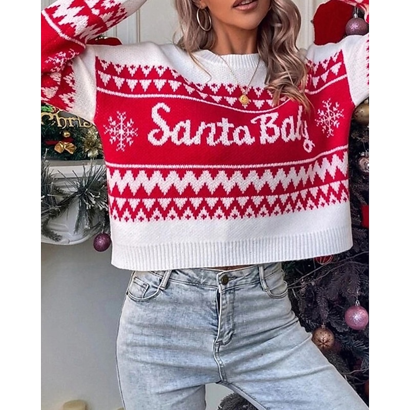 Women's Christmas Sweater Fair Isle Sweater Pullover Fashion Casual Letter Ribbed Crew Neck Knitted Long Sleeve Regular Tops Knit Christmas Outdoor Daily Red Khaki Fall Winter