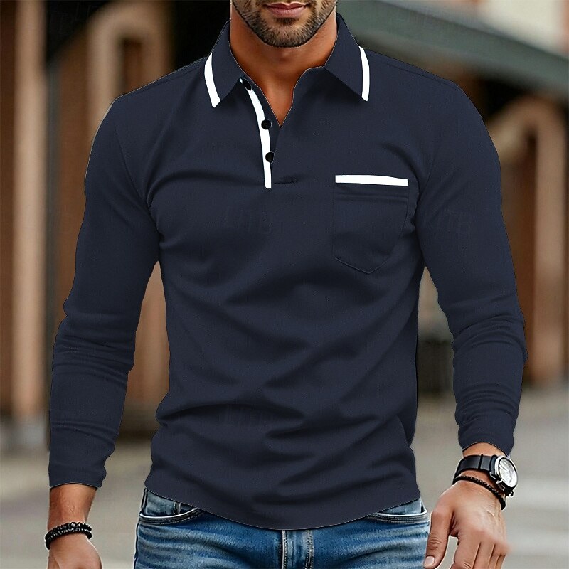 Men's Golf Shirt Golf Polos Shirts Work Casual Lapel Long Sleeve Basic Modern Color Block Pocket Buttons Spring Fall Regular Fit Black White Navy Blue Sky Blue Green Khaki Golf Shirt3