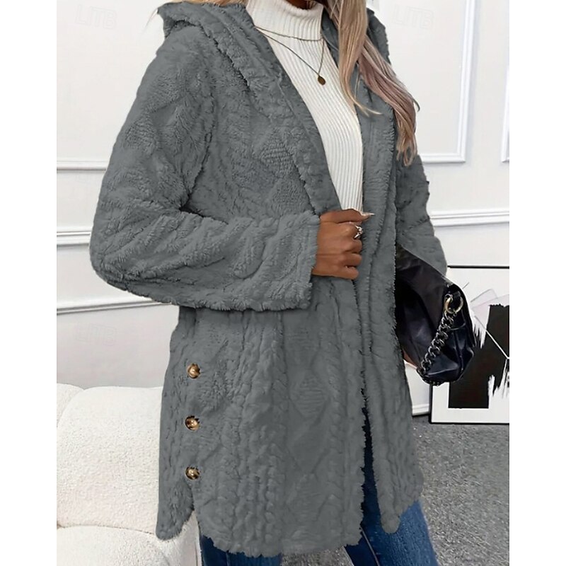 Women's Teddy Coat Hoodie Jacket Warm Comfortable Buttons Casual Plain Vacation Going out Weekend Regular Hoodie Regular Fit Long Sleeve Outerwear Black White Apricot Fall Winter