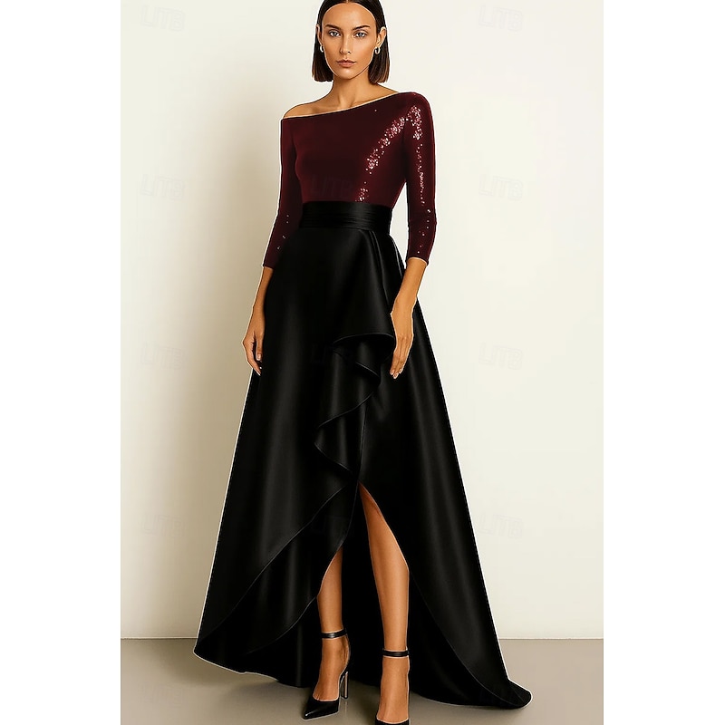 Black and Gold A-Line Evening Gown Elegant Formal Dress Formal Wedding Asymmetrical 3/4 Length Sleeve One Shoulde Stretch Sequin Satin with Ruffles Slit 20254