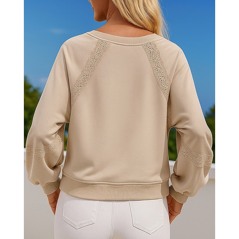 Women's Pullover Sweatshirt Lounge Top Lace Long Sleeve Top Athleisure Fall V Neck Solid Colored Fashion Outdoor Travel Sports Sportswear Activewear Black Blue Green2