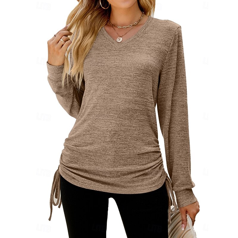 Women's Blouse Solid Color Stylish Casual Long Sleeve V Neck Regular Tops Daily Smocked Black Brown Gray Light Blue Spring Fall