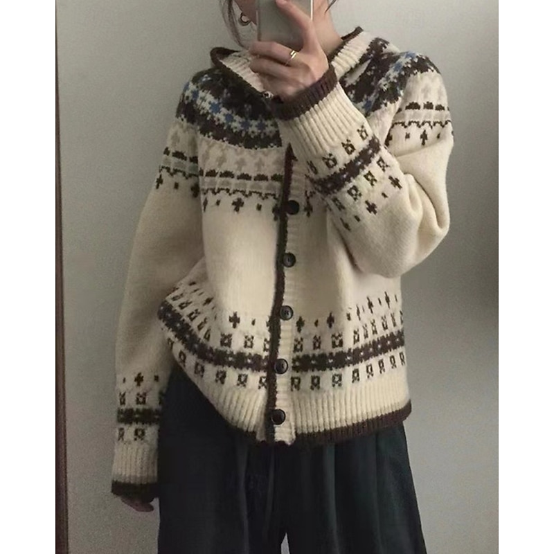 Women's Sweater Cardigan Fair Isle Sweater Fashion Casual Geometric Ribbed Hooded Buttons Knitted Print Long Sleeve Regular Tops Knit Christmas Outdoor Daily Beige Fall Winter3