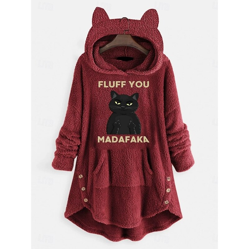 Women's Pullover Hoodie Sweatshirt Cat Letter Casual Long Sleeve Hooded Crop Tops Street Dailywear Casual Pink Wine Gray Fall Winter2