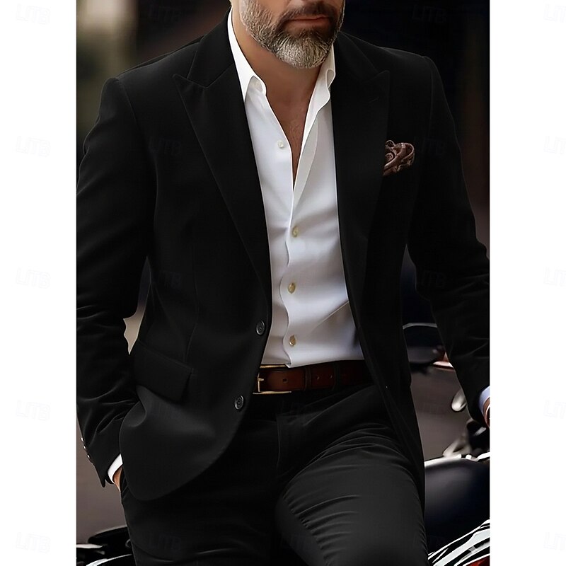 Men's Wedding Casual Business Velvet Suits Peaked Lapel Black Brown Daily Formal Solid Colored Tailored Fit 2 Piece Single Breasted Two-buttons4