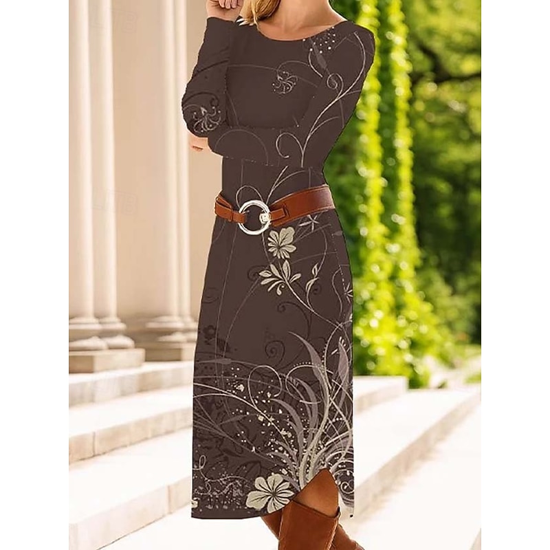 Women's Midi Dress Sheath Dress Shift Dress Casual Daily Regular Fit Floral Graphic Paisley Long Sleeve Crew Neck Blue Purple Brown Green Spring Fall Winter Autumn2