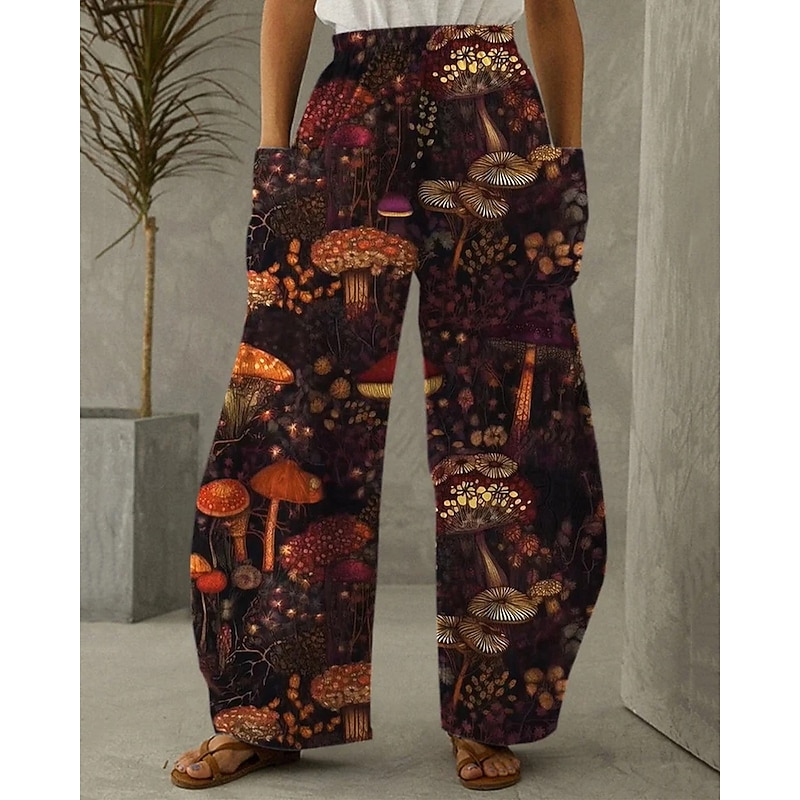 Women's Wide Leg Pants Trousers Vacation Vintage Ethnic Style Full Length High Waist Graphic Pocket Elastic Waistband Print Comfy Breathability Inelastic Vacation Casual Daily Orange Spring Fall