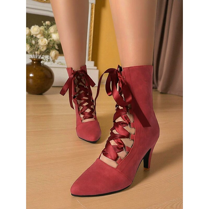 Women's Black 1920s Edwardian Lace-Up Ankle Boots – Gothic Pointed Toe High Heel Booties with Ribbon Straps for Cosplay, Halloween and Evening Party3