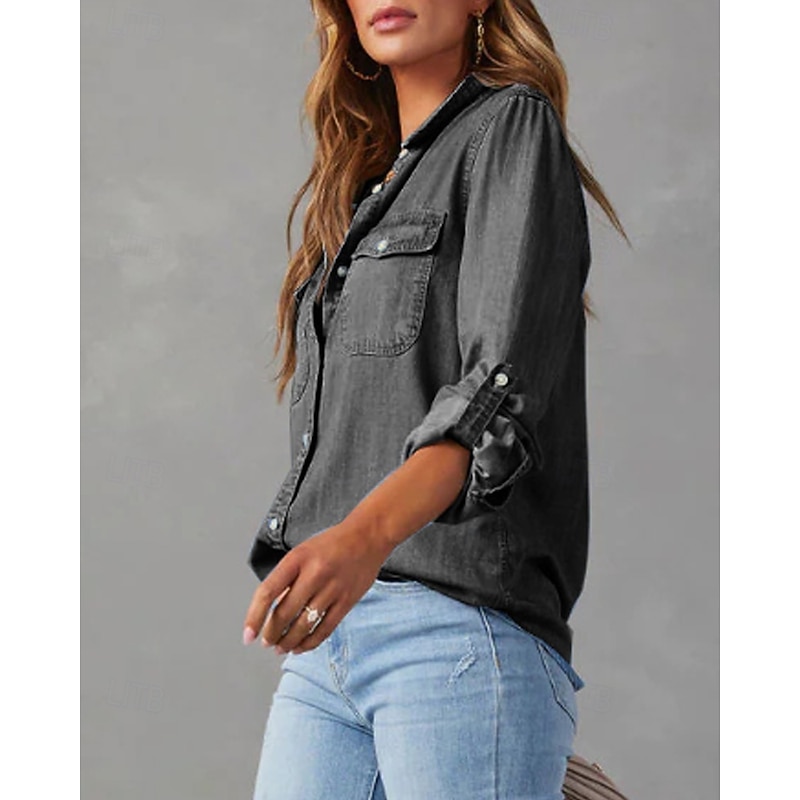 Women's Shirt Blouse Plain Casual Long Sleeve Shirt Collar Regular Tops Daily Holiday Going out Pocket Buttons Dark Gray Spring Fall4