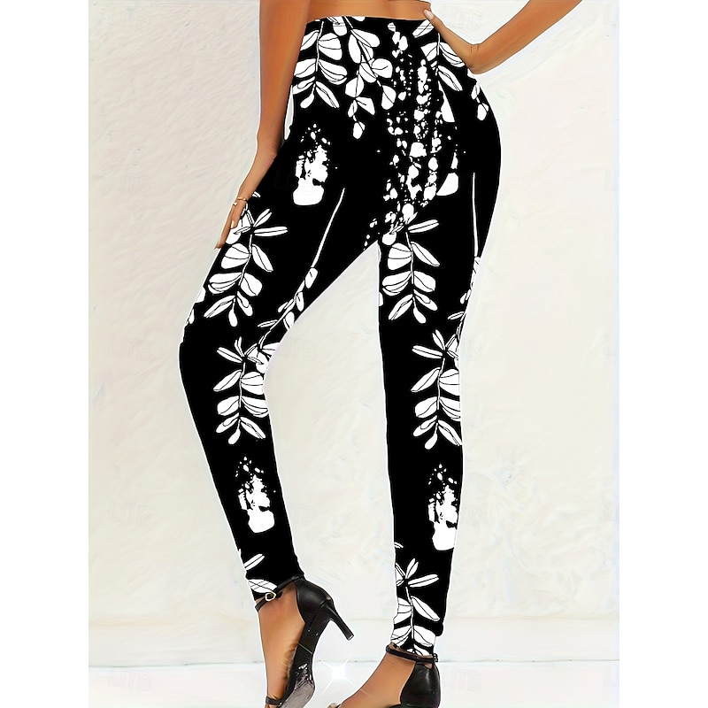 Women's Leggings Vacation Vintage Fashion Full Length High Waist Floral Graphic Printing Thermal Warm Soft Breathable High Elasticity Vacation Street Casual Black and White Spring Fall Winter Slim Fit2