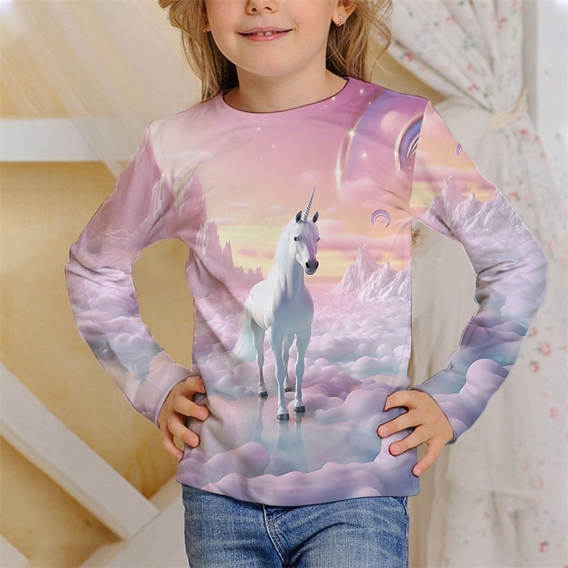 Girls' 3D Unicorn T shirt Tee Long Sleeve Spring Fall Fashion Basic Kids 4-12 Years Crew Neck Outdoor Casual Daily Regular Fit