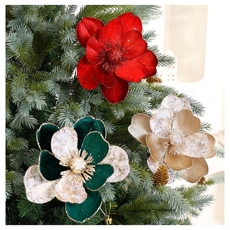 3 Pack Christmas Artificial Flowers 15CM Velvet Poinsettia Ornaments DIY European Style Xmas Tree Decorations Floral Picks