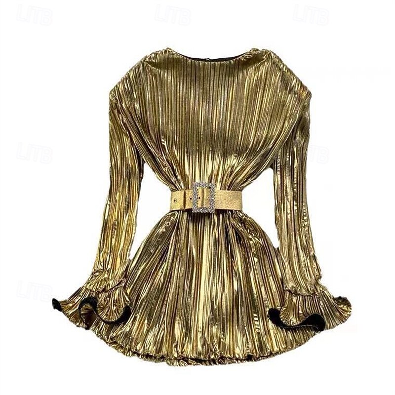Women's Midi Dress Sequin Dress Elegant Fashion Modern Outdoor Party Daily Regular Fit Plain Long Sleeve Crew Neck Gold Spring Autumn3