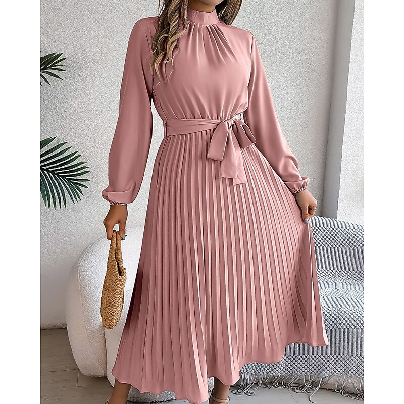 Women's Midi Dress Party Dress Cocktail Dress Satin Dress Ruched Dress Elegant Modern Party Evening Party Date Regular Fit Plain Long Sleeve Stand Collar Black Pink Wine Green Fall Winter4