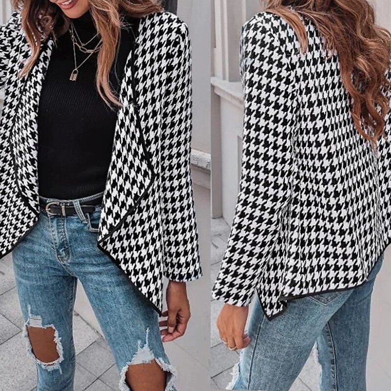 Women's Casual Jacket Warm Comfortable Patchwork Fashion Outdoor Lattice Going out Weekend Single Breasted Regular Lapel Regular Fit Long Sleeve Outerwear Black And White Fall Winter