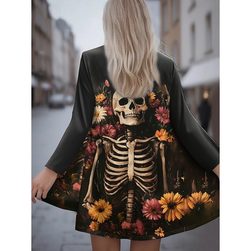 Halloween Women's Casual Jacket Warm Comfortable Skulls Irregular Hem Open Front Elegant Vintage Modern Floral Street Casual Daily Long Collarless  Long Sleeve Outerwear Yellow Pink Khaki Spring2
