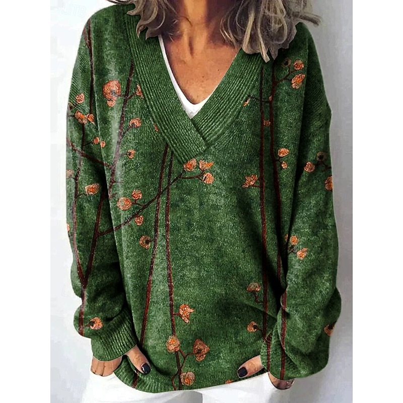 Women's Cardigan Daily Heart Floral Graphic Ribbed V Neck Floral Print Long Sleeve Regular Tops Knit Outdoor Weekend Pink Dark Green Spring Fall3