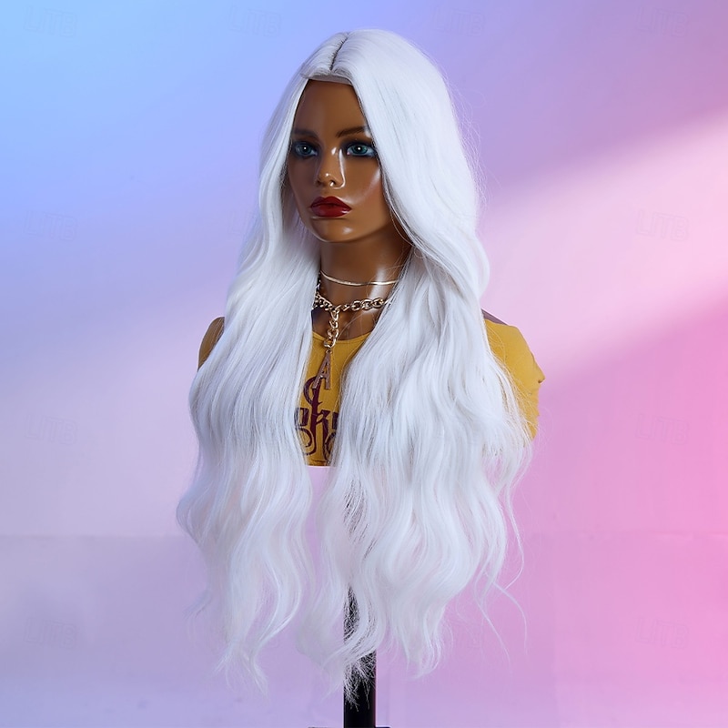 Synthetic Lace Wig Curly Style 28 inch White Middle Part U Part Wig Women's Wig White3