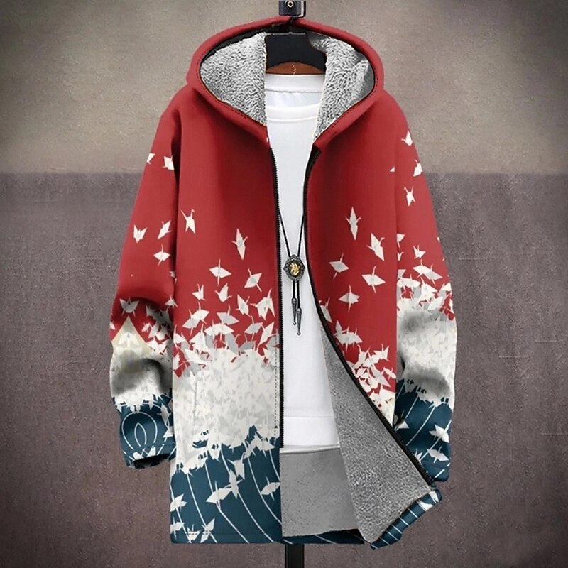 Men's Graphic Snowflake Winter Coat Fleece Jacket Coat Thermal Warm Comfortable Casual Outdoor Vacation Daily Wear Zipper Pocket 3D Print Fall Winter Hooded Long Sleeve Black Red Blue