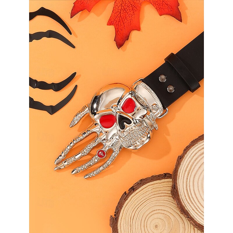 Women's Halloween Skull Buckle Faux Leather Belt, Gothic Punk Style Wide Waist Belt for Costume Parties, Cosplay and Festivals4
