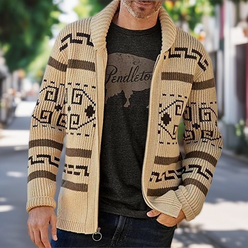 Men's Sweater Cardigan Sweater Fair Isle Sweater Ribbed Knit Regular Tops Knitted Plain Shawl Collar Vacation Fashion Casual Daily Wear Clothing Apparel Fall Spring &  Fall Black khaki M L XL