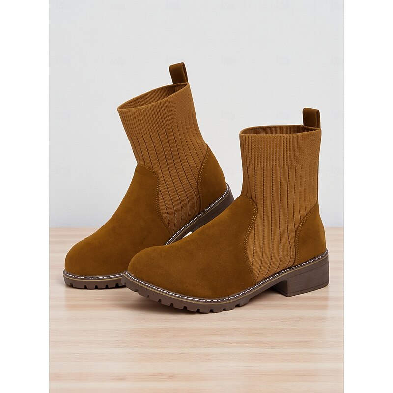 Women's Light Brown Faux Suede Ankle Boots with Ribbed Knit Shaft – Cozy Autumn Winter Chelsea Style Boots for Casual Outfits2