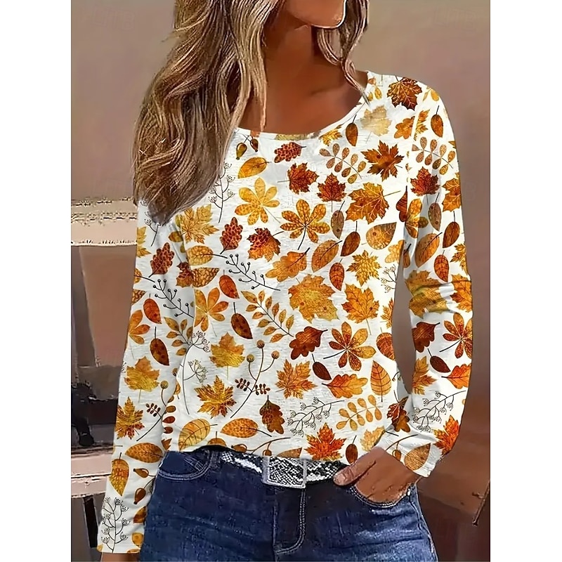 Women's T Shirt Graphic Plants Vintage Stylish Classic Long Sleeve Crew Neck Round Neck Regular Tops Daily Print Orange Green off-white Spring Fall Winter3
