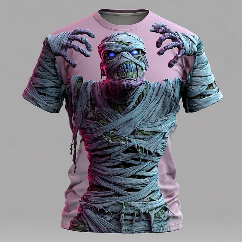 Halloween Men's Optical Illusion 3D Mummy T Shirt Short Sleeve T shirt 3D Print Crew Neck Shirt Exaggerated Designer Horror Party Street Holiday Pink Blue Purple Summer Spring All Seasons Clothing3