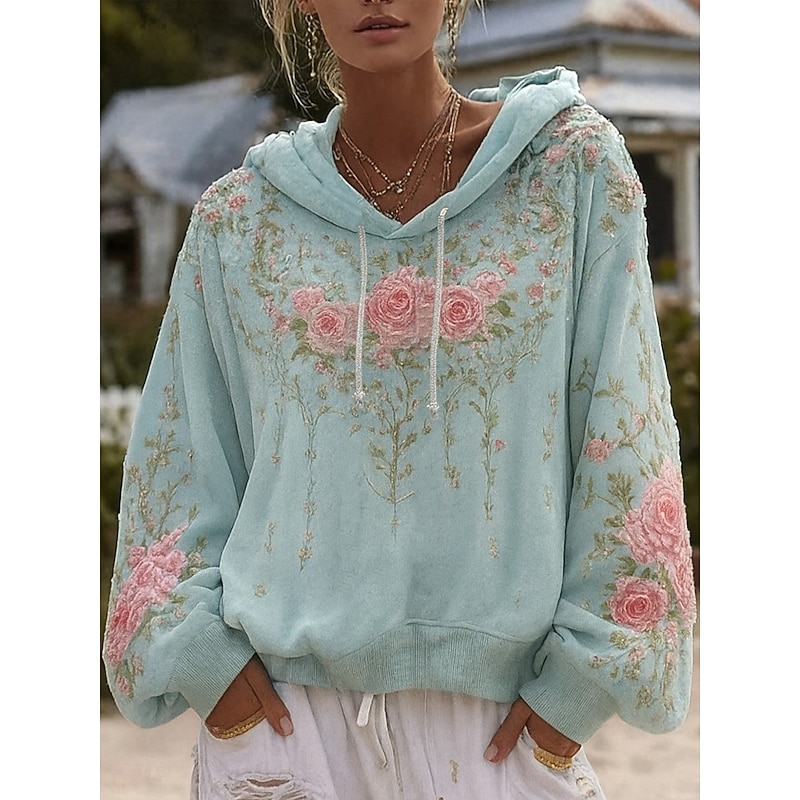 Women's 3D Print Vintage Boho Hoodie Patchwork Hoodie Sweatshirt Floral Pullover Sweatshirt Elegant Active Long Sleeve Hooded Street Dailywear Casual Light Blue Spring Fall Winter