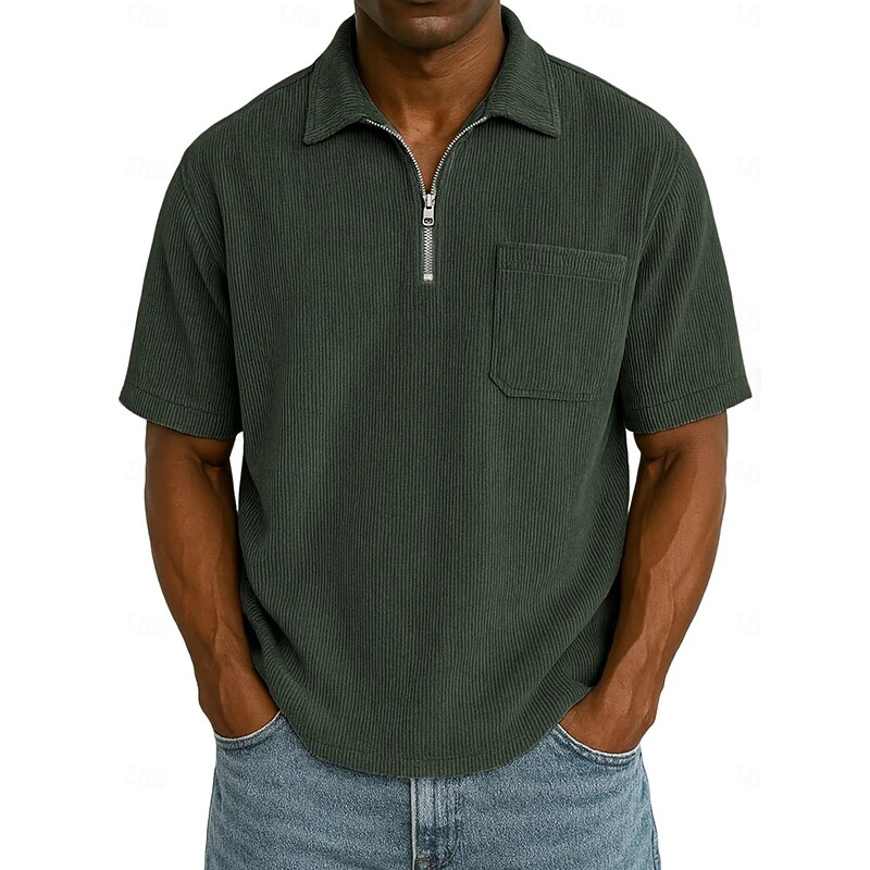 Men's Zip Polo Golf Shirt Casual Holiday Lapel Quarter Zip Short Sleeve Fashion Basic Plain Textured Quarter Zip Corduroy Summer Spring Regular Fit Light Blue Army Green Dark Brown Black Purple khaki4