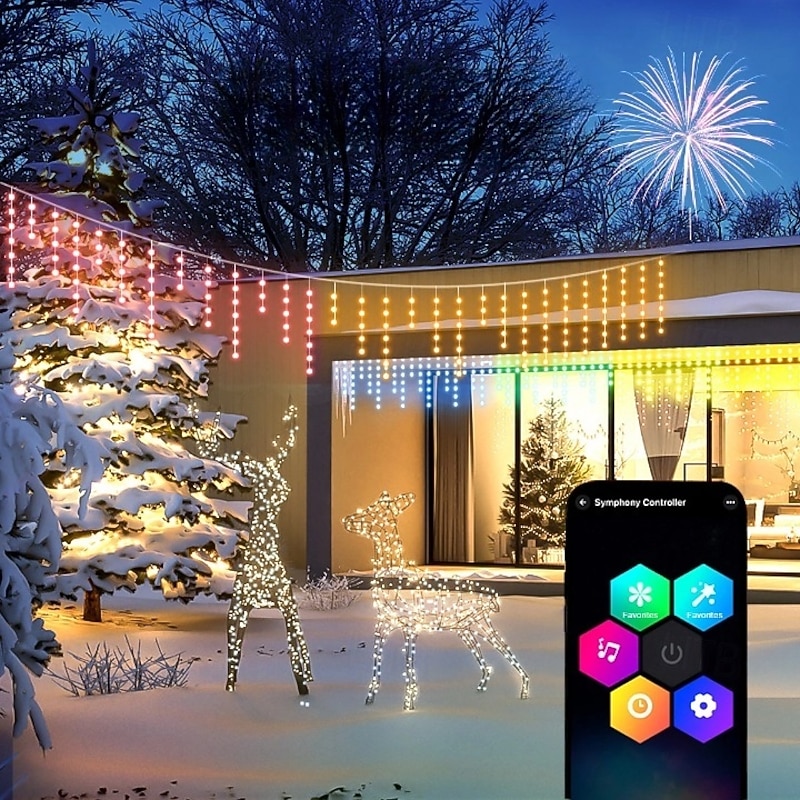 Led Icicle Lights Outdoor, LED RGB Smart Programmable Icicle Christmas Light for Outside,Color Changing LED Connectable Music Sync for House Decorations,Holiday,Red White Blue Independence Day
