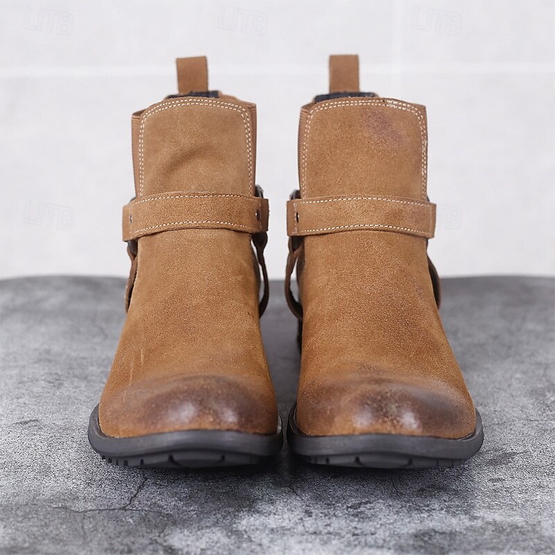 Men's Suede Leather Ankle Boots – Retro Buckle Strap Casual Chelsea Style Boots for Work and Weekend Outfits4