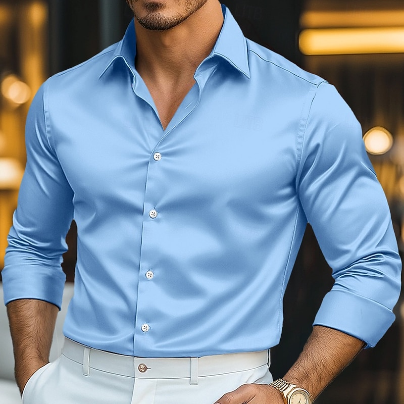 Men's Shirt Satin Shirt Dress Shirt Casual Shirt Button Up Shirt Prom Shirt Plain Formal Performance Light Blue Black Royal Blue Gold Long Sleeve Lapel All Seasons Clothing Apparel