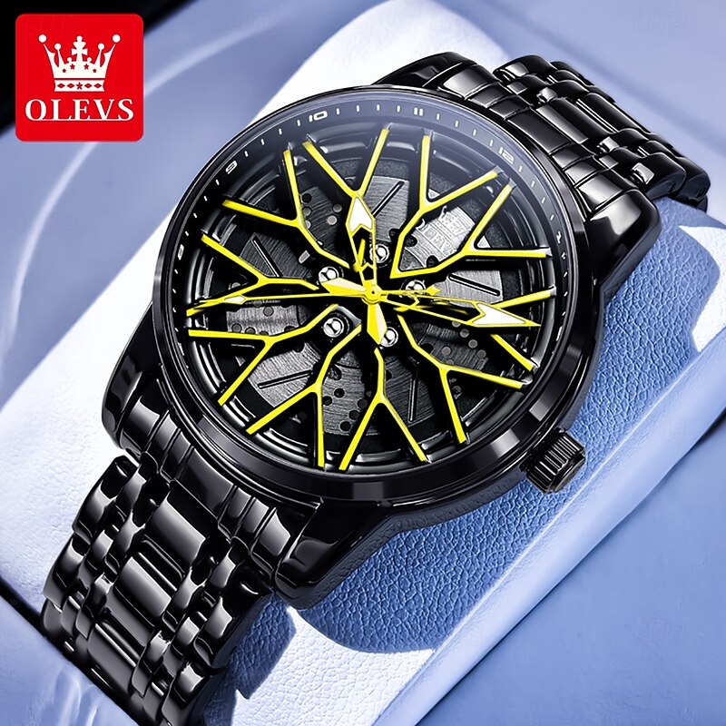 OLEVS 3701 Luxury Quartz Watch for Man 3D Hollowed Rotary Wheel Dial Stainless Steel Waterproof Luminous Men's Wrist Watches