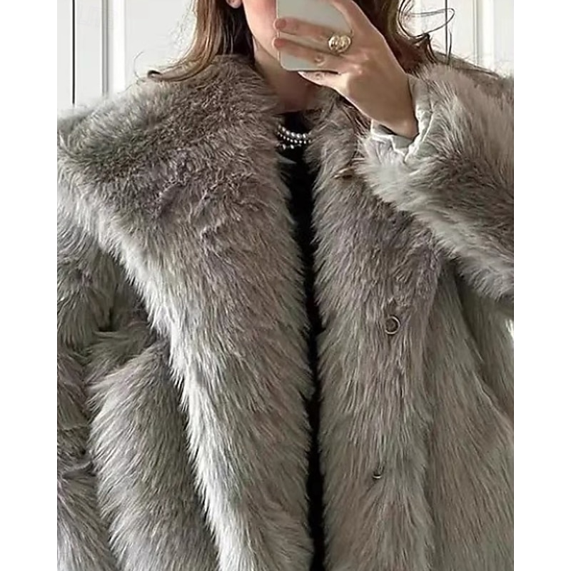 Women's Faux Fur Coat Warm Comfortable Furs & Leathers Casual Plain Vacation Street Holiday Going out Regular Turndown Regular Fit Long Sleeve Outerwear Light Grey Fall Winter2