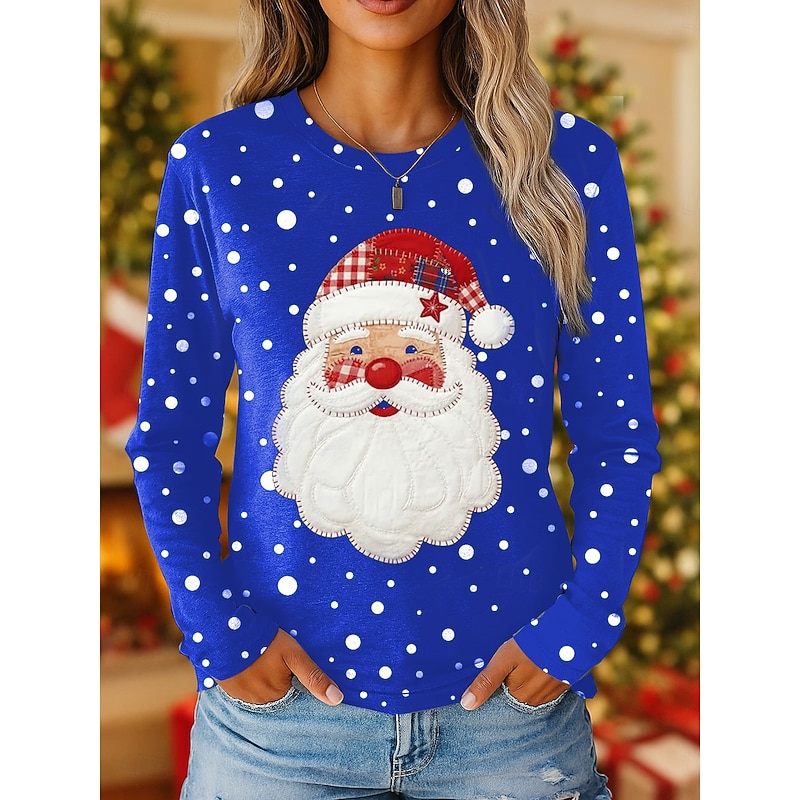 Christmas Women's T Shirt Graphic Santa Claus Vintage Fashion Stylish Long Sleeve Crew Neck Regular Tops Daily Weekend Print Black Red Blue Fall Winter3