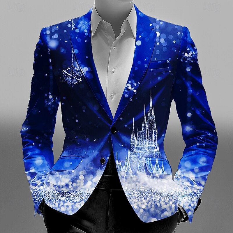 Men's Blazer Coat Christmas Street Casual Casual Daily Fall / Winter 100% Polyester Snowflake 3D Print Buttons Thermal Warm Comfortable Single Breasted Blazer Red Blue Purple Green2
