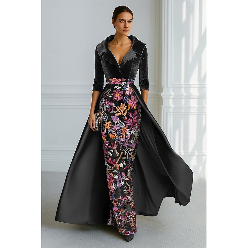 Blue Green Black Embroidered A-Line Velvet Evening Gown Elegant Dress Formal Wedding Floor Length Half Sleeve Shirt Collar Satin with Slit Appliques 20252