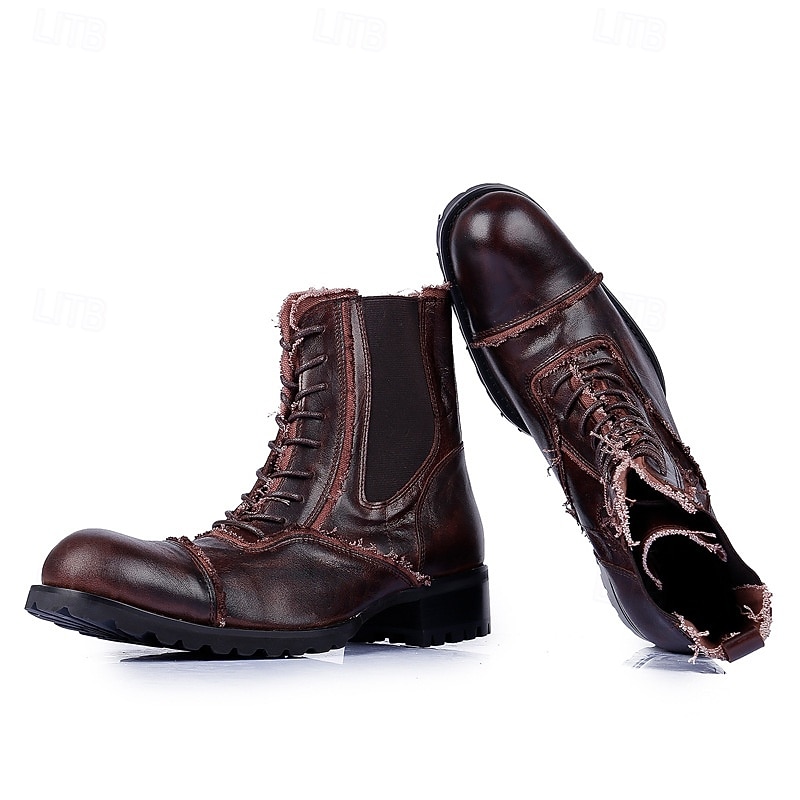 Men's Brown Leather Work Boots – Vintage Cowhide Lace-Up Ankle Shoes with Rugged Sole for Construction, Outdoor Adventure and Casual Daily Wear4