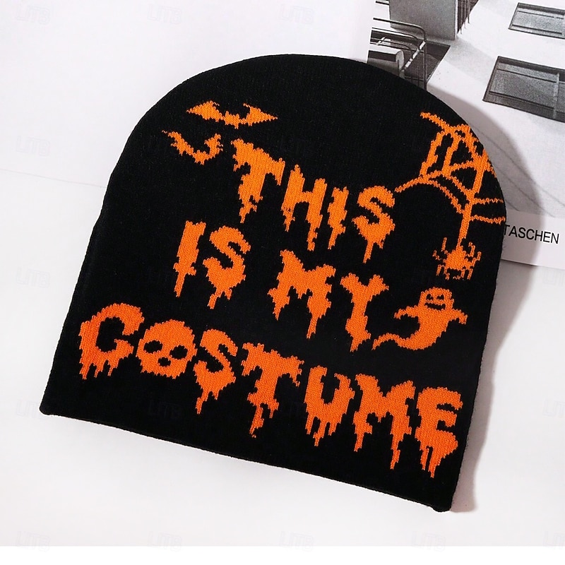 Men's Unisex Beanie Hat Winter Hats Beanies Skull Cap Knit Hat Black / Orange White Acrylic Fibers Jacquard Knitted Cozy Halloween Daily Wear Festival Letter Spider web Skulls Warm4