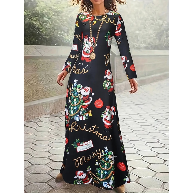 Christmas Women's Maxi Dress T Shirt Dress Tee Dress A Line Dress Summer Dress Vacation Casual Beach Daily Regular Fit Graphic Santa Claus Tree Long Sleeve Crew Neck Black Beige Spring Fall Winter