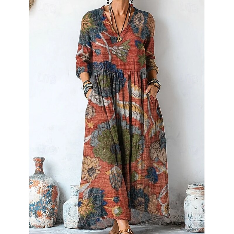 Women's Maxi Dress A Line Dress Vacation Casual Boho Going out Beach Loose Fit Floral Graphic Long Sleeve V Neck Light Yellow Light Pink Pink Purple Summer Spring Fall
