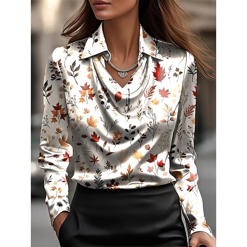 Women's Shirt Floral Graphic Leaf Elegant Vintage Stylish Long Sleeve Cowl Neck Regular Tops Work Party Evening Wear Daily Ruched Draped Yellow Orange Beige Summer Fall3
