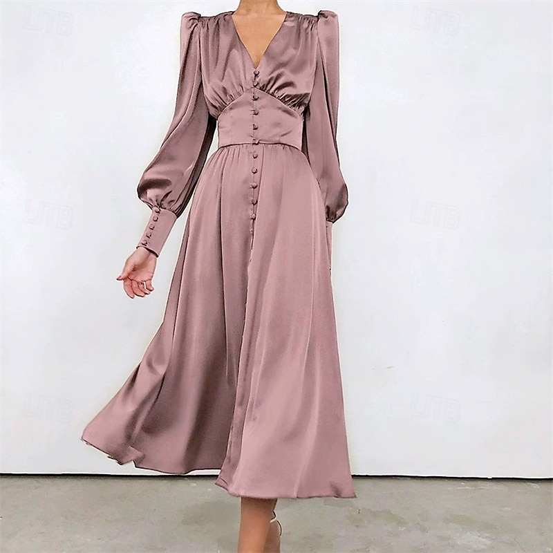 Women's Midi Dress Cocktail Dress Satin Dress Slip Dress Elegant Fashion Modern Outdoor Party Party Evening Wear Regular Fit Plain Long Sleeve V Neck Light Pink Black White Light Green Spring Autumn
