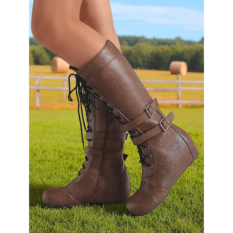 Women's Lace-Up Mid Calf Boots – Faux Leather Buckle Strap Gothic Combat Style Shoes for Casual Wear and Outdoor Activities3